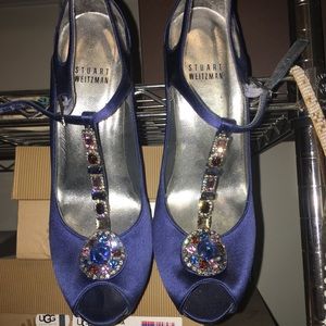 Stuart Weitzman Satin Jeweled Peep Toe Pumps